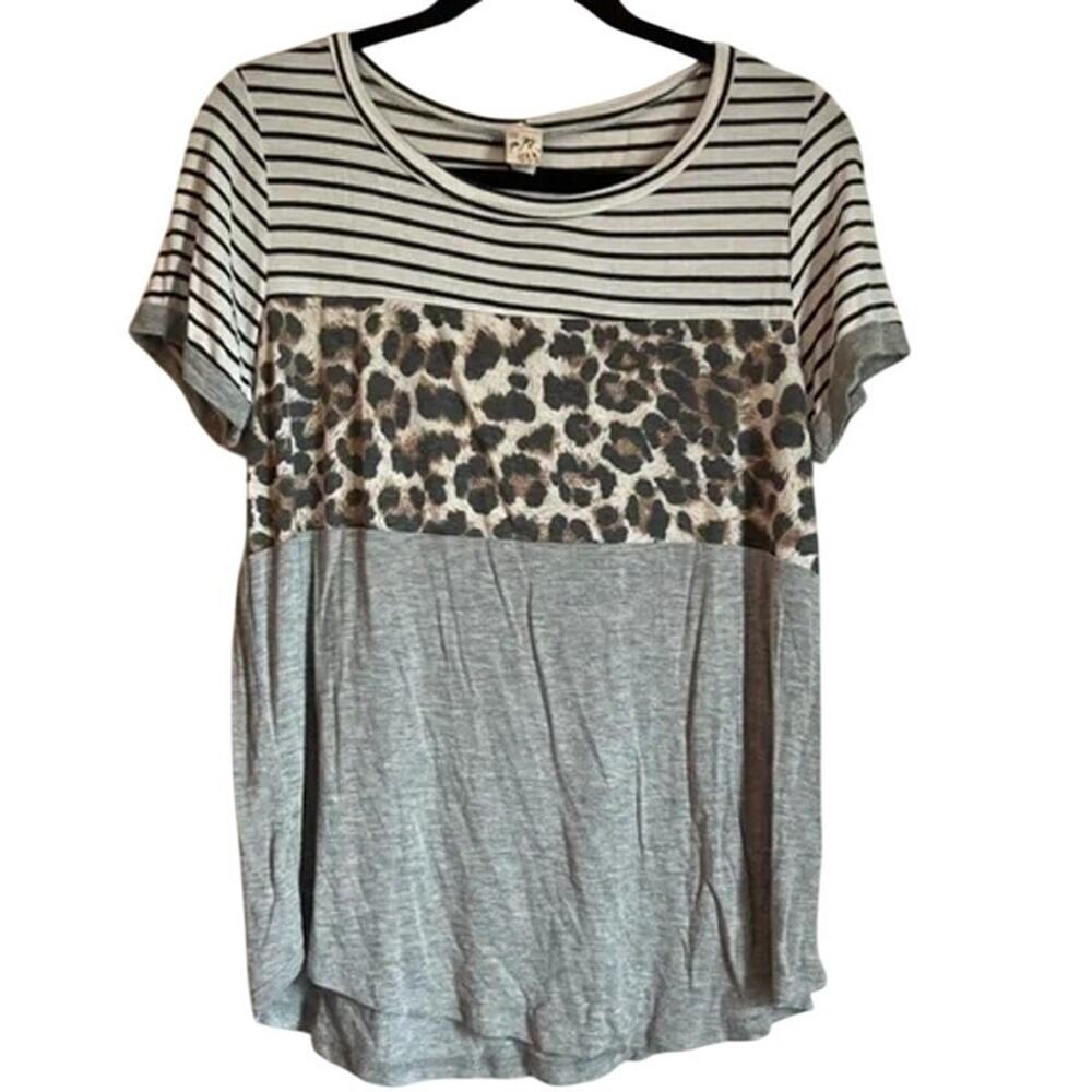 SKU3145 7th Ray (7th Roy) Women's Large Vintage Color Block Gray & Cheetah Top